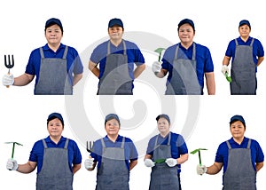 Collection set of asian worker man in blue shirt with apron and protective gloves hand holding shovel isolated on white