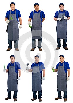 Collection set of asian worker man in blue shirt with apron and protective gloves hand holding shovel isolated on white