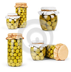 Collection set of assorted pickled olives and olive tree branch