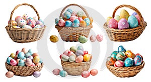 Collection set of basket of colourful hand painted decorated easter eggs on transparent background cutout, PNG