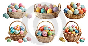 Collection set of basket of colourful hand painted decorated easter eggs on transparent background cutout, PNG