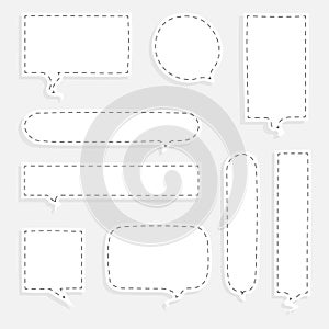 Collection set of blank black and white dashed line hand drawn speech bubble balloon, think speak talk whisper text box