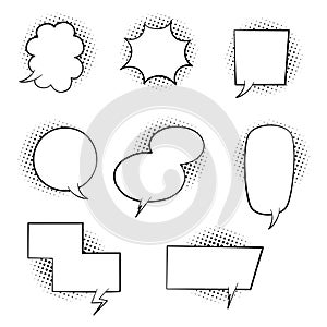collection set of blank black and white pop art polka dots halftone speech bubble balloon, think speak talk whisper text box