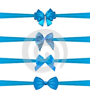 Collection Set of blue bows with horizontal  ribbon isolated on white background. Vector illustration
