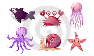 Set of colorful sea and ocean creatures. Vector illustration in flat cartoon style.