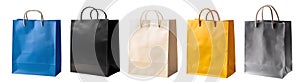 Collection set of colour eco friendly recyclable side view blank shopping paper bag on transparent background cutout, PNG