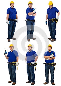 Collection set of construction man workers in blue shirt with Protective gloves, helmet with tool belt hand holding power drill