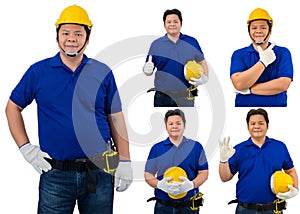 Collection set of construction man workers in blue shirt with Protective gloves, helmet with tool belt isolated on white