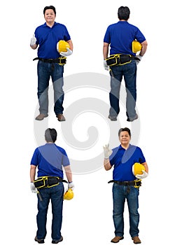 Collection set of construction man workers in blue shirt with Protective gloves, helmet with tool belt isolated on white