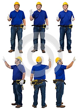 Collection set of construction man workers in blue shirt with Protective gloves, helmet with tool belt isolated on white