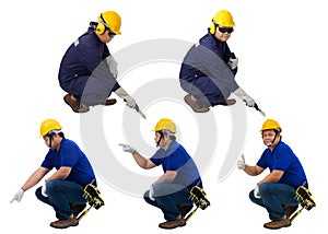 Collection set of construction man workers in blue shirt with Protective gloves, helmet with tool belt sitting and Thumbs up