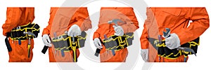 Collection set of construction workers wearing Orange Protective clothes, helmet hand holding Craftsman tool with tool belt
