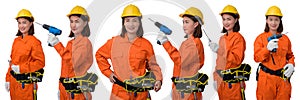 Collection set of construction workers wearing Orange Protective clothes, helmet hand holding Craftsman tool with tool belt