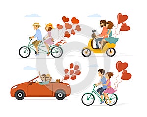 Collection set of couples in love on a date on the roadtrip, having ride with bike, tandem bicycle, scooter and car