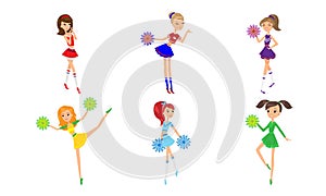 Set of cute girls cheerleaders with pom-poms. Vector illustration in flat cartoon style.
