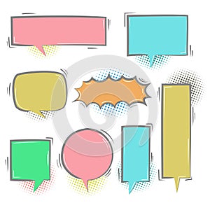 collection set of cute hand drawn line, blank pop art colorful halftone speech bubble balloon, think, speak, talk