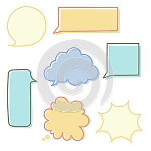 Collection set of cute hand drawn line frame border, blank speech bubble balloon circle and square shape, think, speak, talk