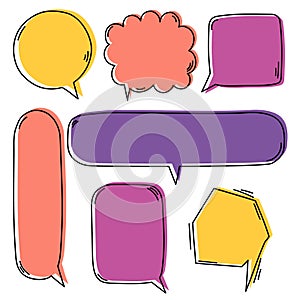 Collection set of cute hand drawn line frame border, blank speech bubble balloon think speak talk text box, banner