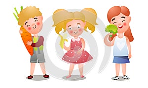 Set of cute happy smiling kids with fresh fruits and vegetables. Vector illustration in flat cartoon style.