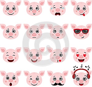 Collection set of cute pigs different emotions and expressions