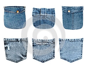 Collection set of different blue navy indigo jeans denim pockets