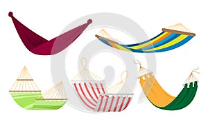 Set of various types of colorful rope hammocks. Vector set illustration in flat cartoon style.