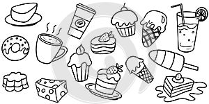 Collection Set of doodle sweets food on white backgrond. vector illustration
