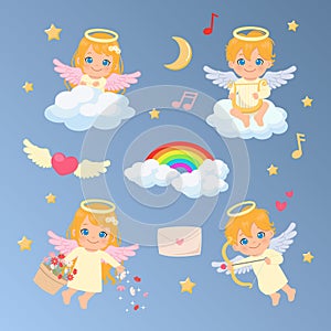 Collection set of female and male angels. Angel playing with harp and cupid bow in the clouds decorated with rainbow.