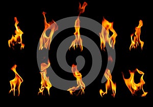 Collection set of fire and burning flame of candle light isolated on dark background for graphic design