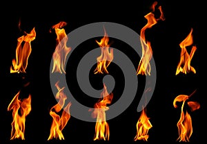 Collection set of fire and burning flame of candle light isolated on dark background for graphic design