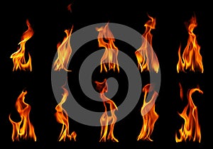Collection set of fire and burning flame of candle light isolated on dark background for graphic design