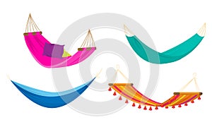 Set of four various colorful rope hammocks. Vector set illustration in flat cartoon style.