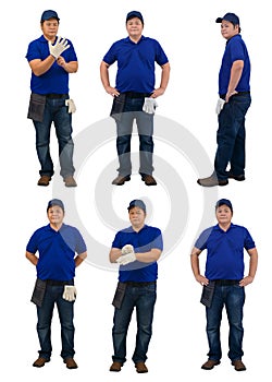 Collection set of Full body portrait of asian delivery man working in blue shirt with Waist bag for equipment isolated white