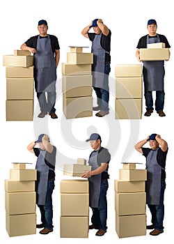 Collection set of Full Body portrait of delivery with stack of boxes. He has a headache because the product has problems