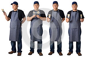 Collection set of Full body portrait of a worker man or Serviceman in Black shirt and apron is holding paint brush isolated on
