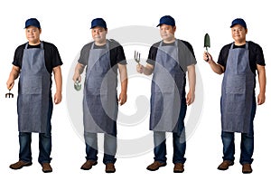 Collection set of Full body portrait of a worker man or Serviceman in Black shirt and apron is holding Shovel for Cultivators