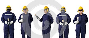 Collection set of Full body portrait of a worker in Mechanic Jumpsuit is holding a paint brush isolated on white background