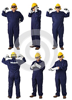 Collection set of Full body portrait of a worker in Mechanic Jumpsuit isolated on white