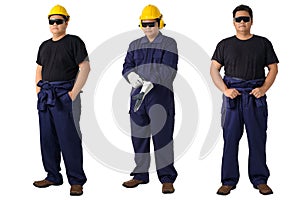 Collection set of Full body portrait of a worker in Mechanic Jumpsuit isolated on white