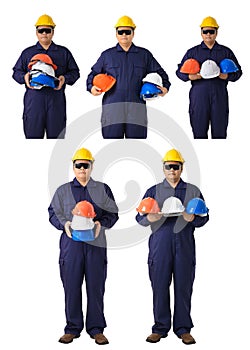 Collection set of Full body portrait of a worker in Mechanic Jumpsuit isolated on white background