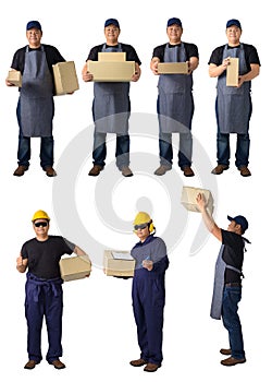 Collection set of Full portrait of delivery man in Black shirt and apron is holding boxes isolated on white