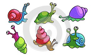 Set of funny cartoon snails with different shell colors. Vector illustration in flat cartoon style.