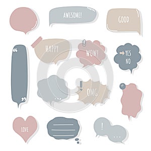 Collection set of hand drawing frame border, blank speech bubble balloon with quotation marks, speak, talk, text box, banner