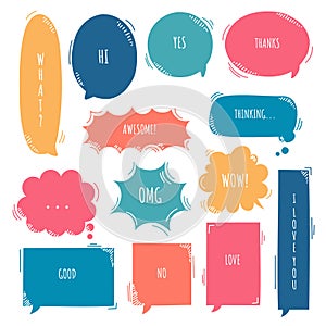 Collection set of hand drawing frame border, blank speech bubble balloon, think, speak, talk, text box, banner