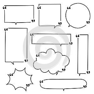 Collection set of hand drawing line frame border, speech bubble balloon with quotation marks, think, speak, talk, text box, banner