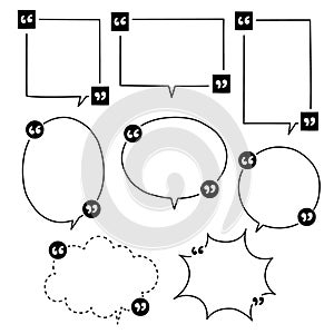 Collection set of hand drawing line frame border, speech bubble balloon with quotation marks, think, speak, talk, text box, banner