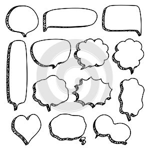 Collection set of hand drawn 3D blank speech bubble balloon, think, speak, talk, text box banner, black and white color