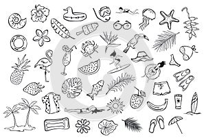 Collection set of hand drawn outlined summertime item objects sketchy doodles, flamingo, toco toucan pineapple watermelon surfer