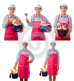 Collection set of happy woman holding a bucket full of cleaning supplies isolated on white