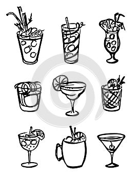 Collection set of icon hand-drawn doodle cartoon style vector illustration. Various alcohol cocktail glasses high ball
